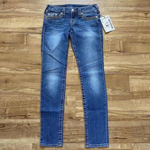 TRUE RELIGION NWT 26 Low Rise Skinny Gold Arrow Denim Big T Jeans Stretch Y2K - Picture 5 of 16